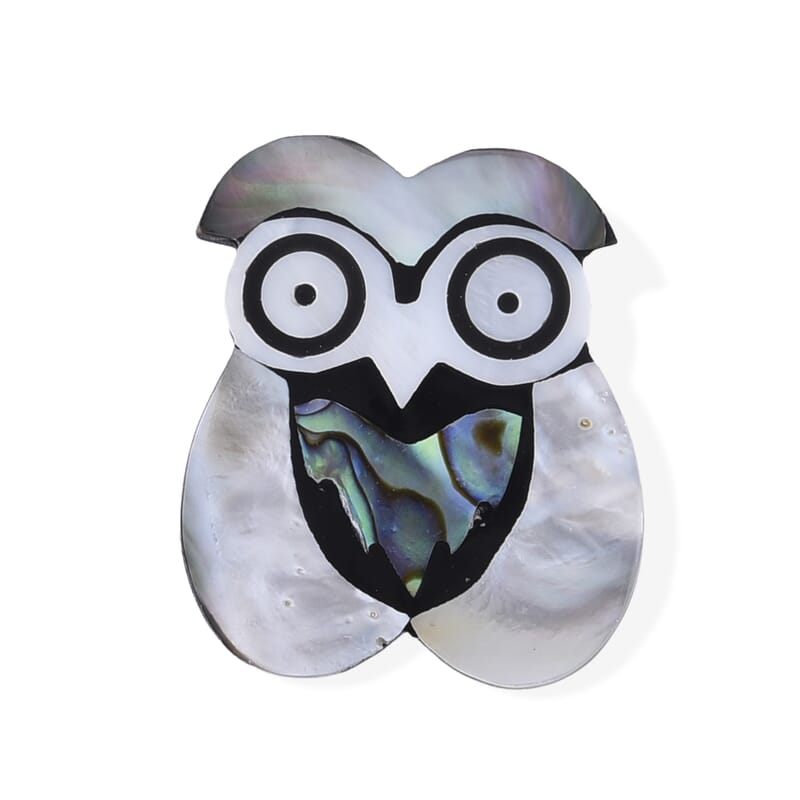 Mother of Pearl and Abalone Shell Owl Brooch in Silvertone
