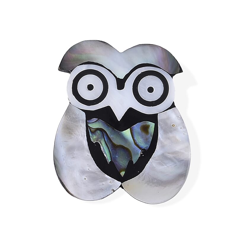 Mother of Pearl and Abalone Shell Owl Brooch in Silvertone