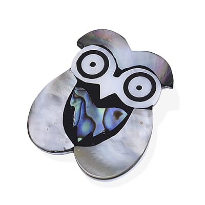 Mother of Pearl and Abalone Shell Owl Brooch in Silvertone