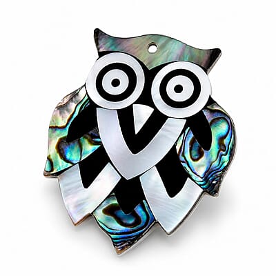 Mother of Pearl and Abalone Shell Owl Brooch in Silvertone
