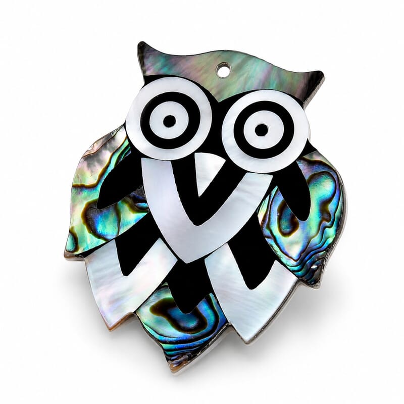 Mother of Pearl and Abalone Shell Owl Brooch in Silvertone