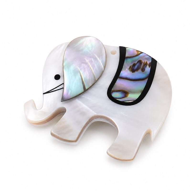 Mother of Pearl and Abalone Shell Elephant Brooch in Silvertone