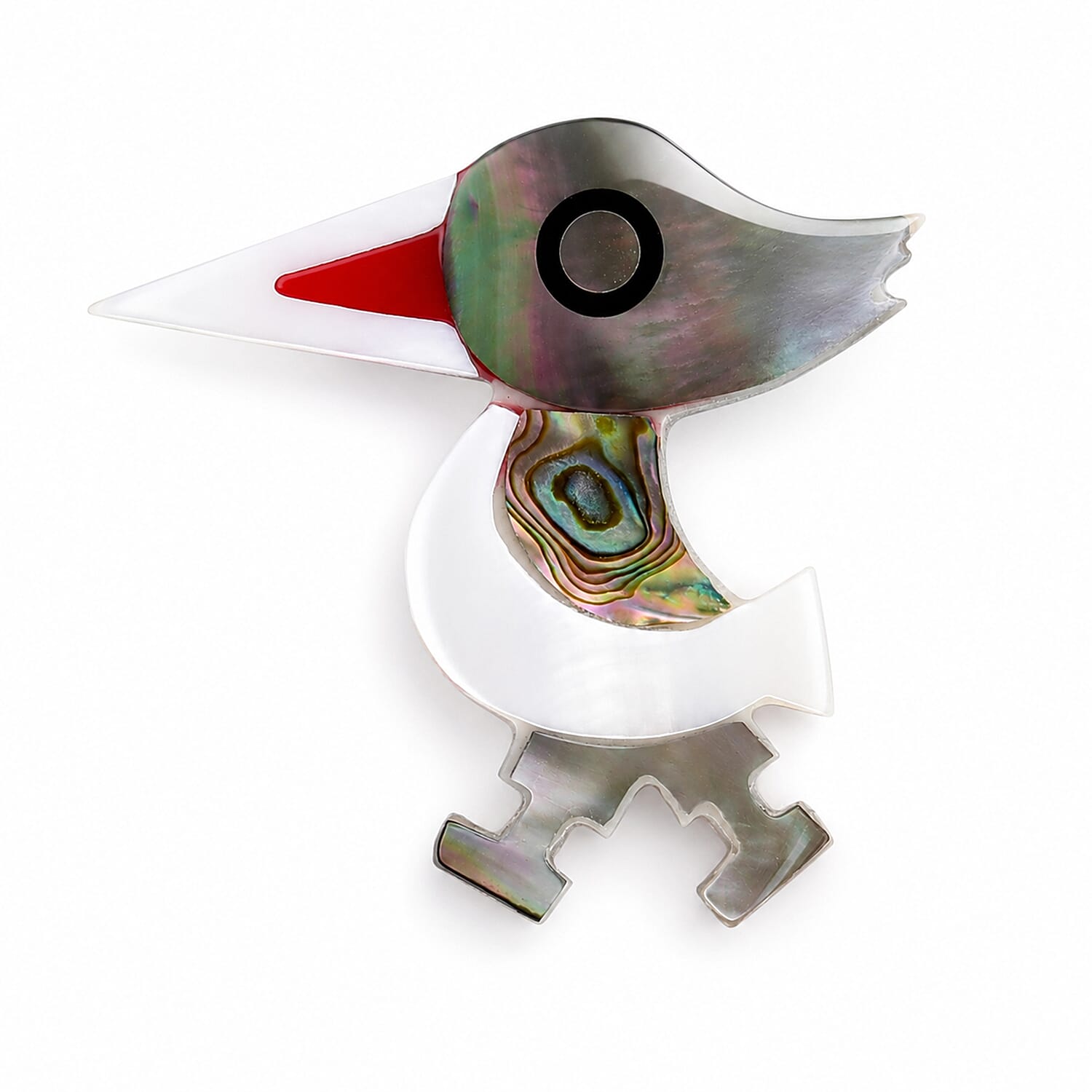 Mother of Pearl and Abalone Shell Hummingbird Brooch in Silvertone