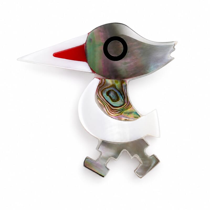 Mother of Pearl and Abalone Shell Hummingbird Brooch in Silvertone