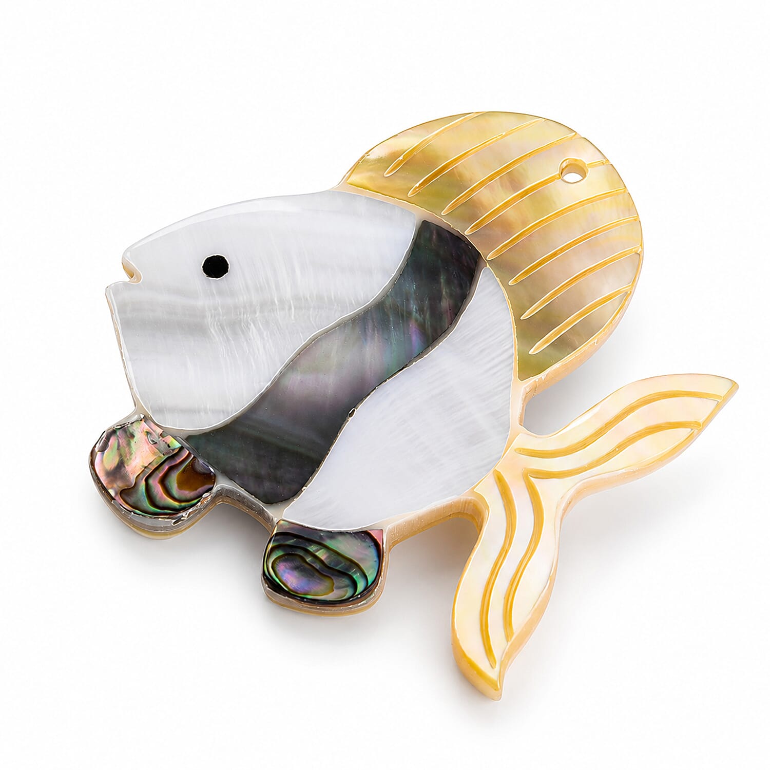 Mother of Pearl and Abalone Shell Fish Brooch in Silvertone