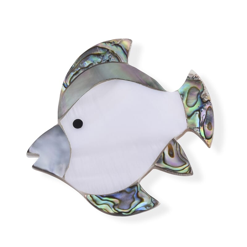 Mother of Pearl, Abalone Shell Fish Brooch in Silvertone