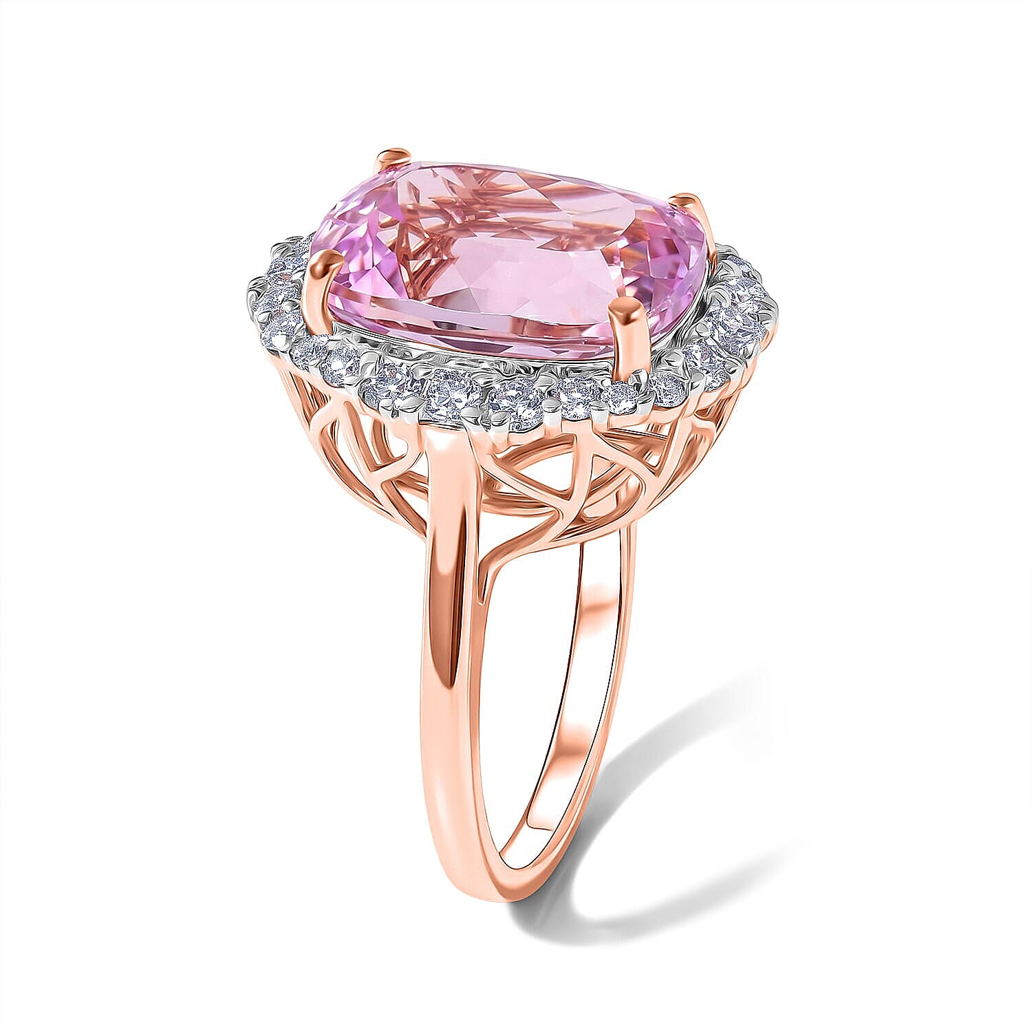 AAA Martha Rocha Kunzite and Luxuriant Lab Grown Diamond G-H SI 9.50 ctw Ring in 10K Rose Gold (Size 6.0) 4.15 Grams