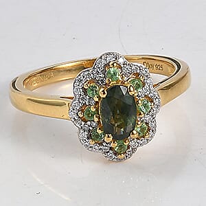 D'Joy Premium Malawi Green Sapphire and Multi Gemstone 1.00 ctw Royal Blossom Ring in 18K Vermeil Yellow Gold Over Sterling Silver (Size 10.0)