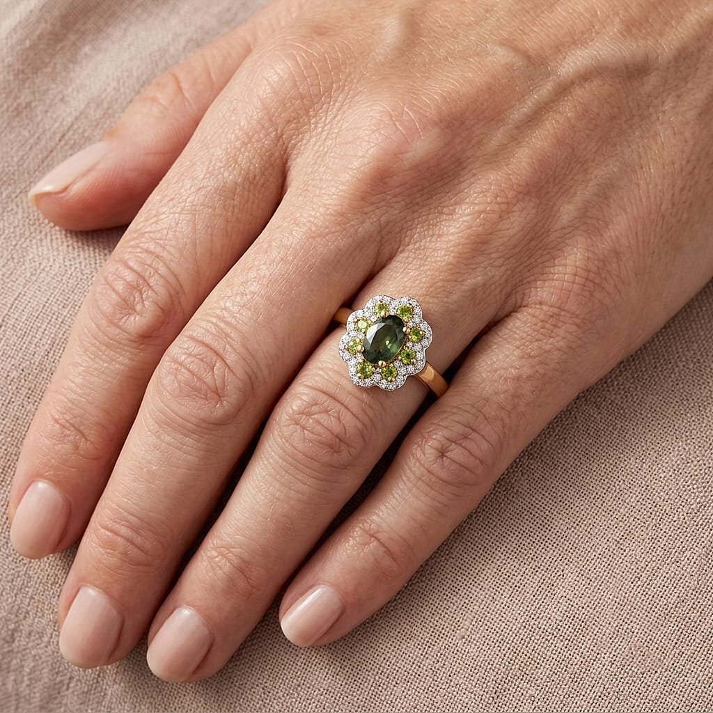 D'Joy Premium Malawi Green Sapphire and Multi Gemstone 1.00 ctw Royal Blossom Ring in 18K Vermeil Yellow Gold Over Sterling Silver (Size 5.0)