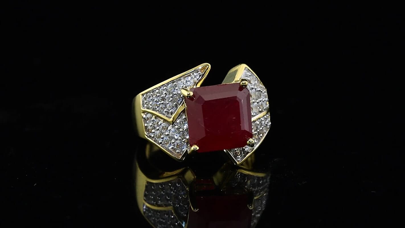 GP Amore Collection Premium Niassa Ruby (FF), White Zircon Ring in 18K Vermeil YG Over Sterling Silver (Size 10.0) 7.85 ctw