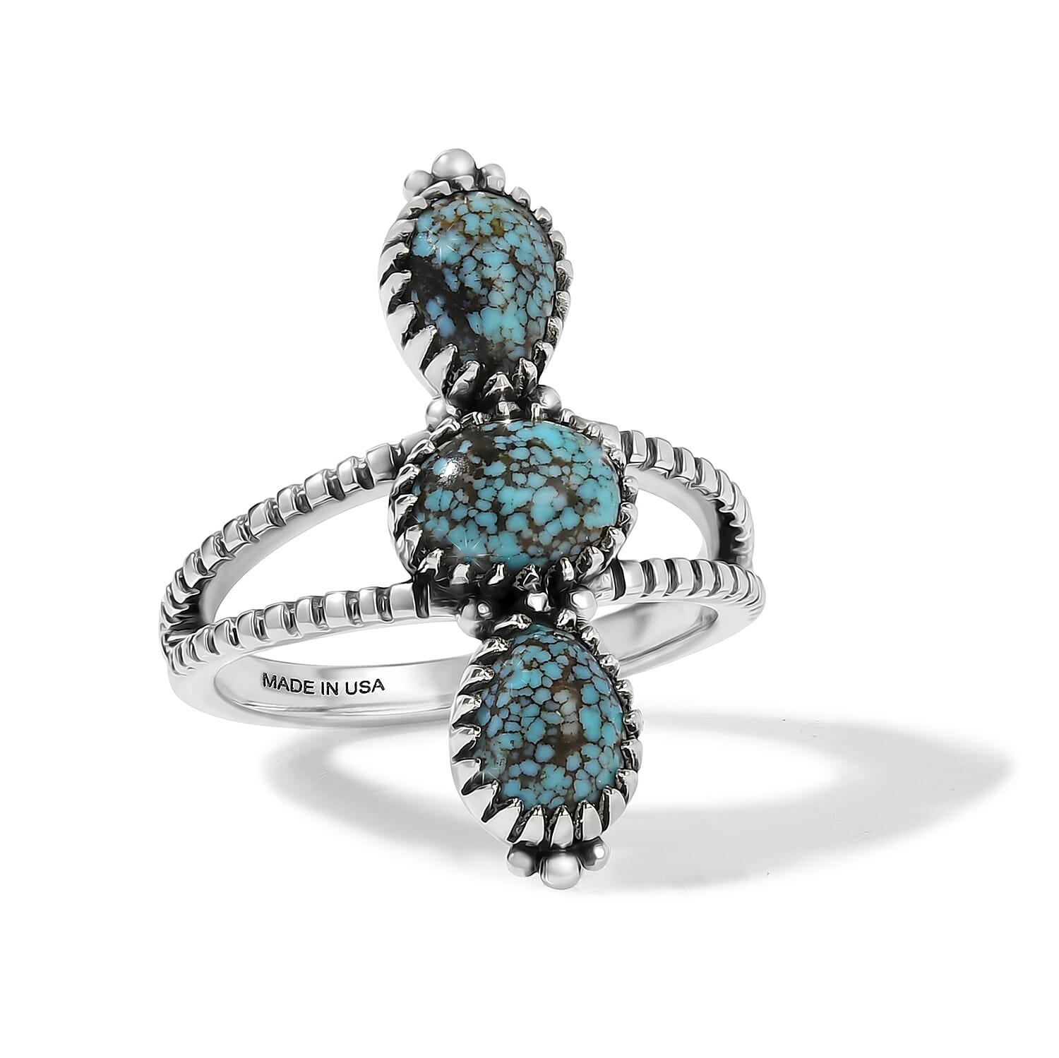 D'Joy Artisan Crafted Premium Spiderweb Turquoise 3 Stone Ring in Sterling Silver (Size 10.0) 2.30 ctw