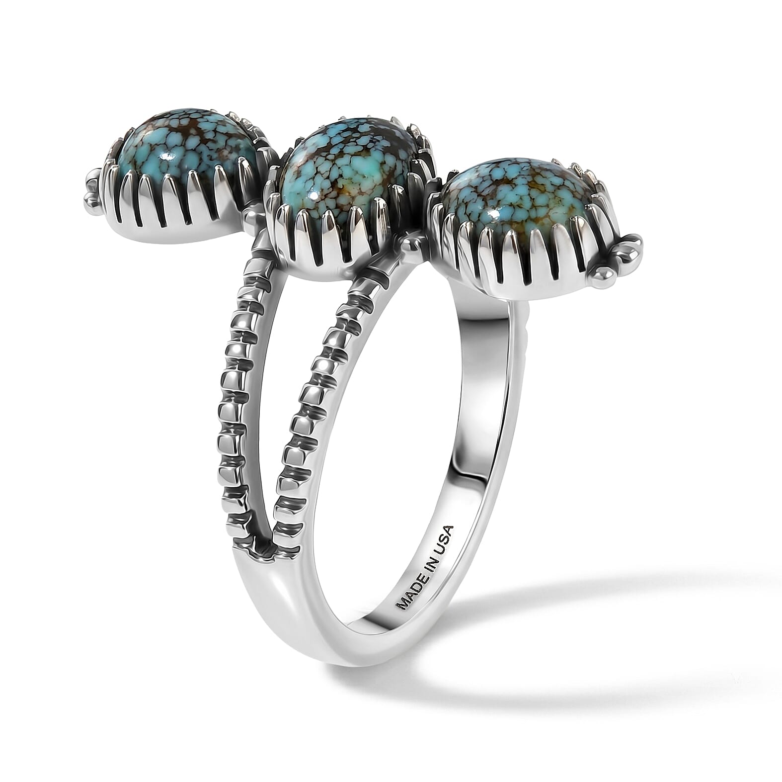 D'Joy Artisan Crafted Premium Spiderweb Turquoise 2.30 ctw 3 Stone Ring in Sterling Silver (Size 5.0)