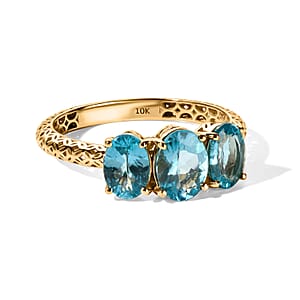Mirage Collection 10K Yellow Gold AAA Batroke Blue Apatite 3 Stone 2.65 ctw Mirage Ring