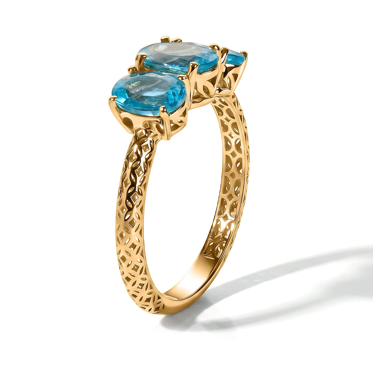 Mirage Collection 10K Yellow Gold AAA Batroke Blue Apatite 3 Stone 2.65 ctw Mirage Ring image number 1