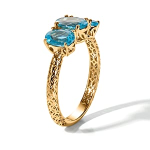 Mirage Collection 10K Yellow Gold AAA Batroke Blue Apatite 3 Stone 2.65 ctw Mirage Ring