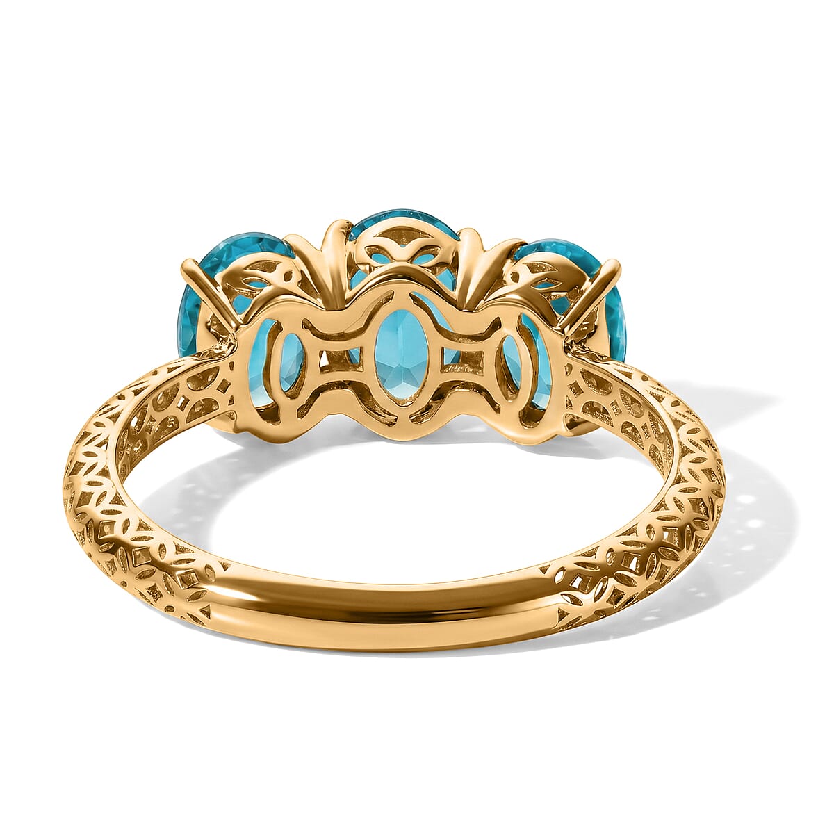 Mirage Collection 10K Yellow Gold AAA Batroke Blue Apatite 3 Stone 2.65 ctw Mirage Ring image number 2