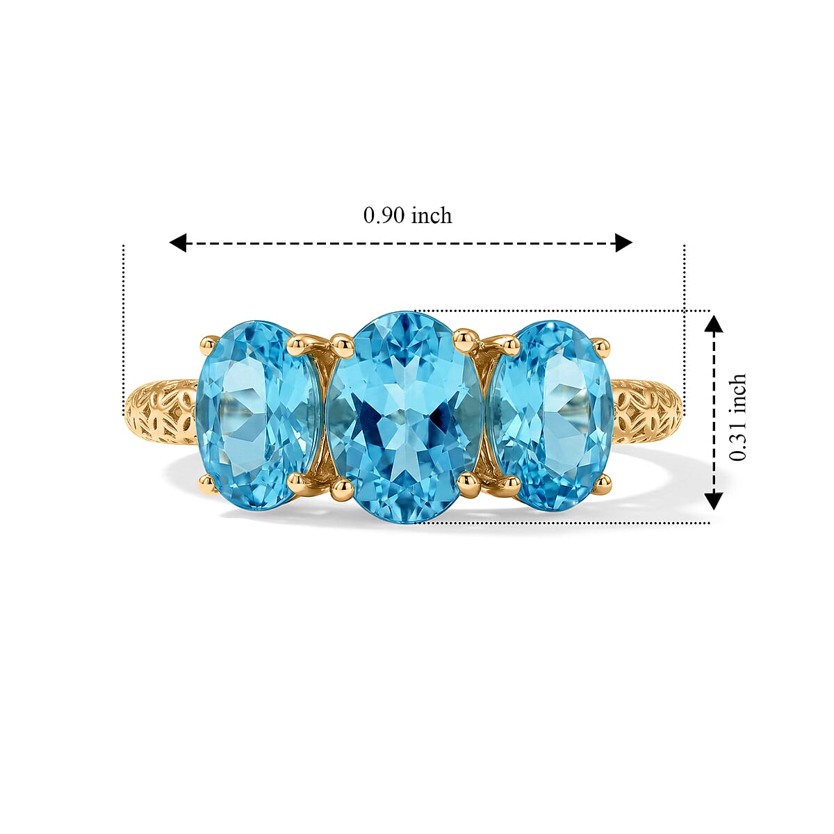 Mirage Collection 10K Yellow Gold AAA Batroke Blue Apatite 3 Stone 2.65 ctw Mirage Ring image number 3