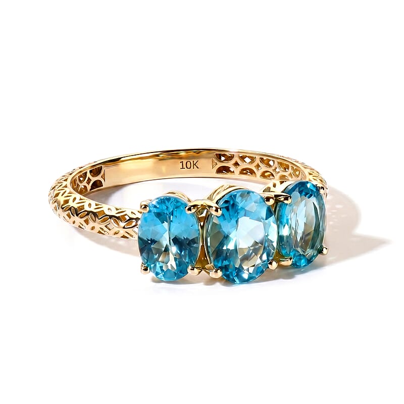 Mirage Collection 10K Yellow Gold AAA Betroka Blue Apatite 3 Stone 2.65 ctw Mirage Ring (Size 6)