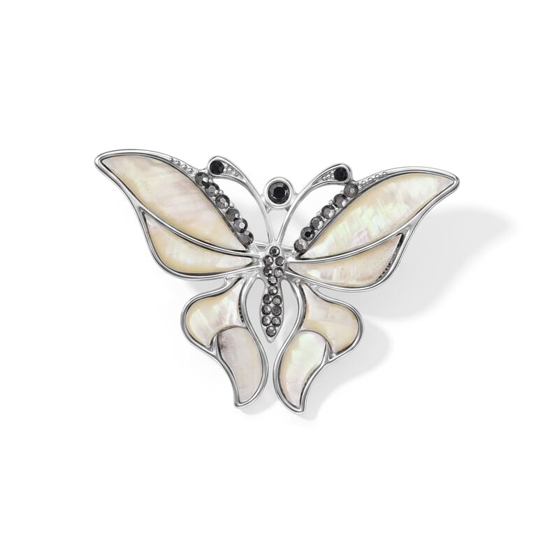 Mother Of Pearl and Austrian Crystal Butterfly Brooch in Silvertone