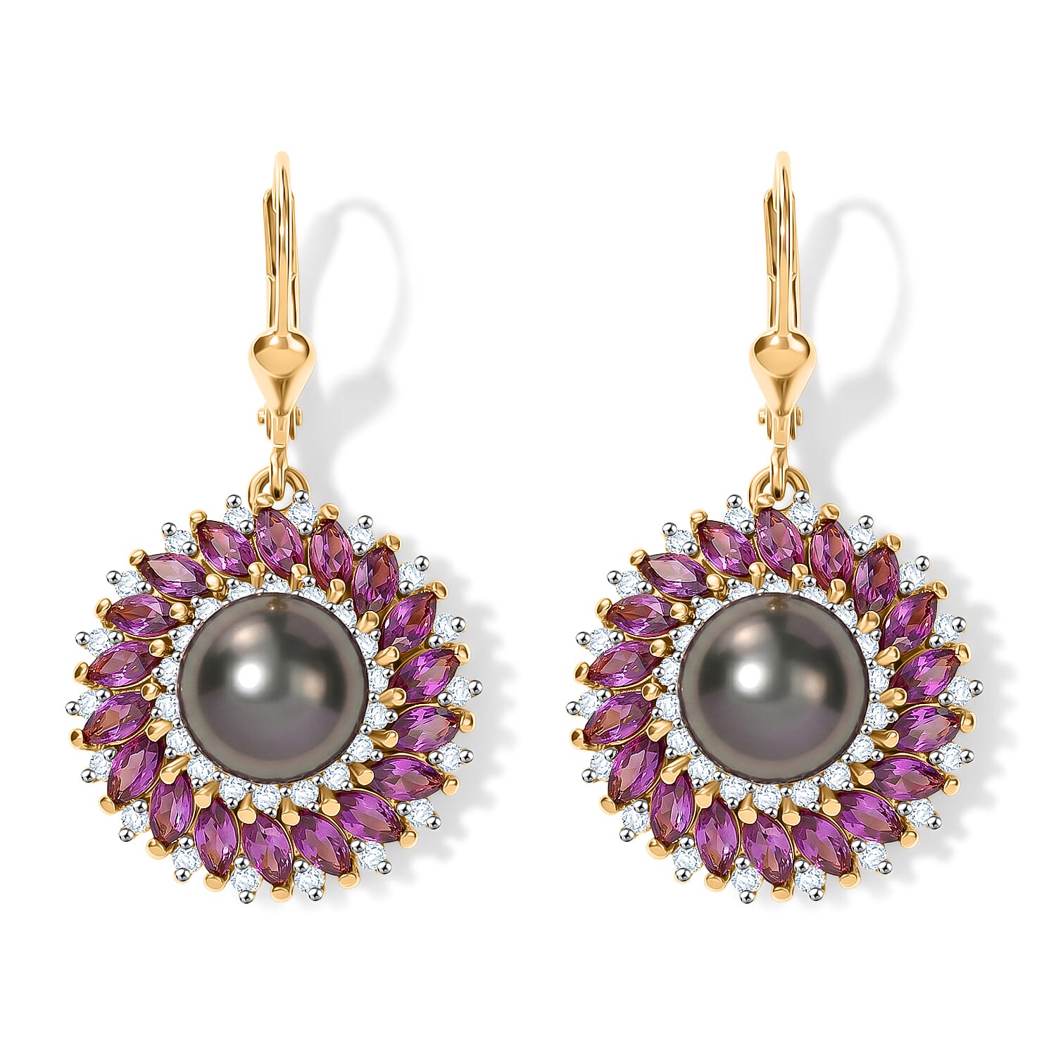 D'Joy Premium Tahitian Pearl and Multi Gemstone 5.00 ctw Earrings in 18K Vermeil Yellow Gold Over Sterling Silver