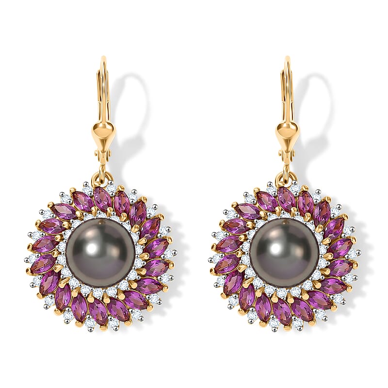 D'Joy Premium Tahitian Pearl and Multi Gemstone 5.00 ctw Earrings in 18K Vermeil Yellow Gold Over Sterling Silver