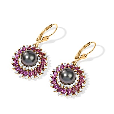 D'Joy Premium Tahitian Pearl and Multi Gemstone 5.00 ctw Earrings in 18K Vermeil Yellow Gold Over Sterling Silver
