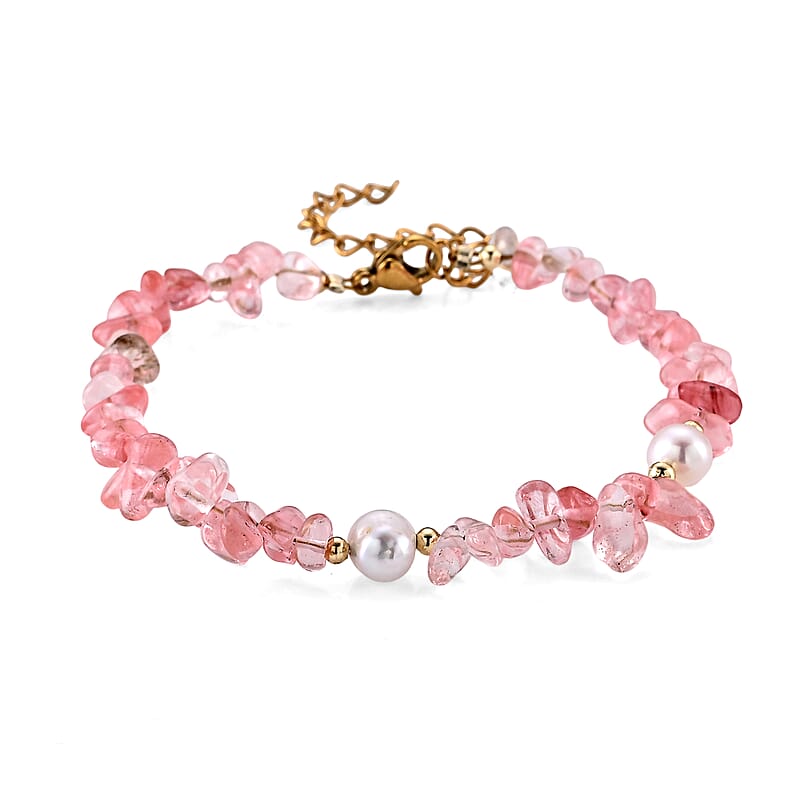Pink Quartz 18.00 ctw and Freshwater Pearl Bracelet in Goldtone and ION Plated YG Stainless Steel (7.00-9.00In)
