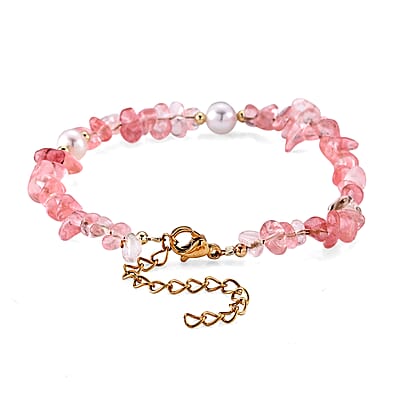 Pink Quartz 18.00 ctw and Freshwater Pearl Bracelet in Goldtone and ION Plated YG Stainless Steel (7.00-9.00In)