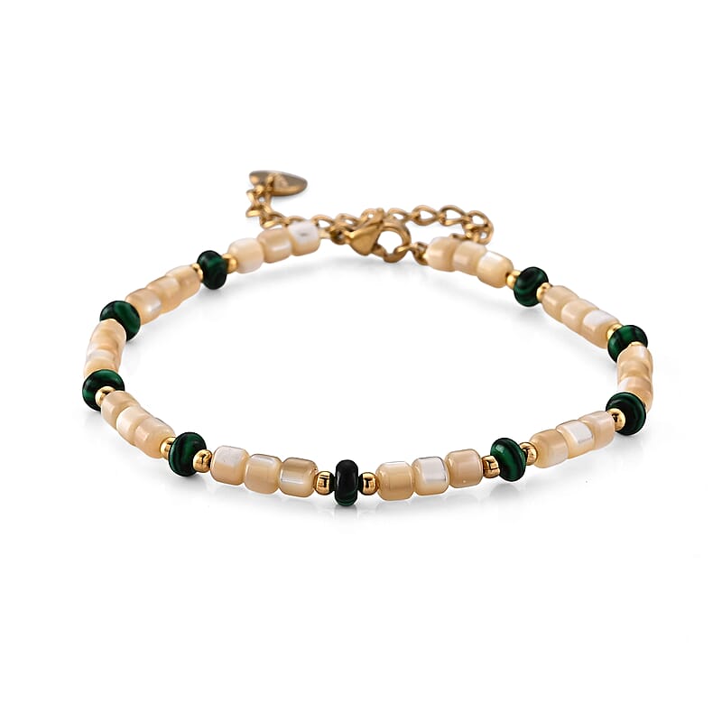 Mother Of Pearl and Malachite 5.00 ctw Bracelet in Goldtone and ION Plated YG Stainless Steel (7.00-9.00In)