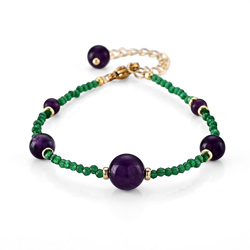 Lab Created Green Cat's Eye and African Amethyst 15.00 ctw Bracelet in Goldtone and ION Plated YG Stainless Steel (6.50-8.50In)