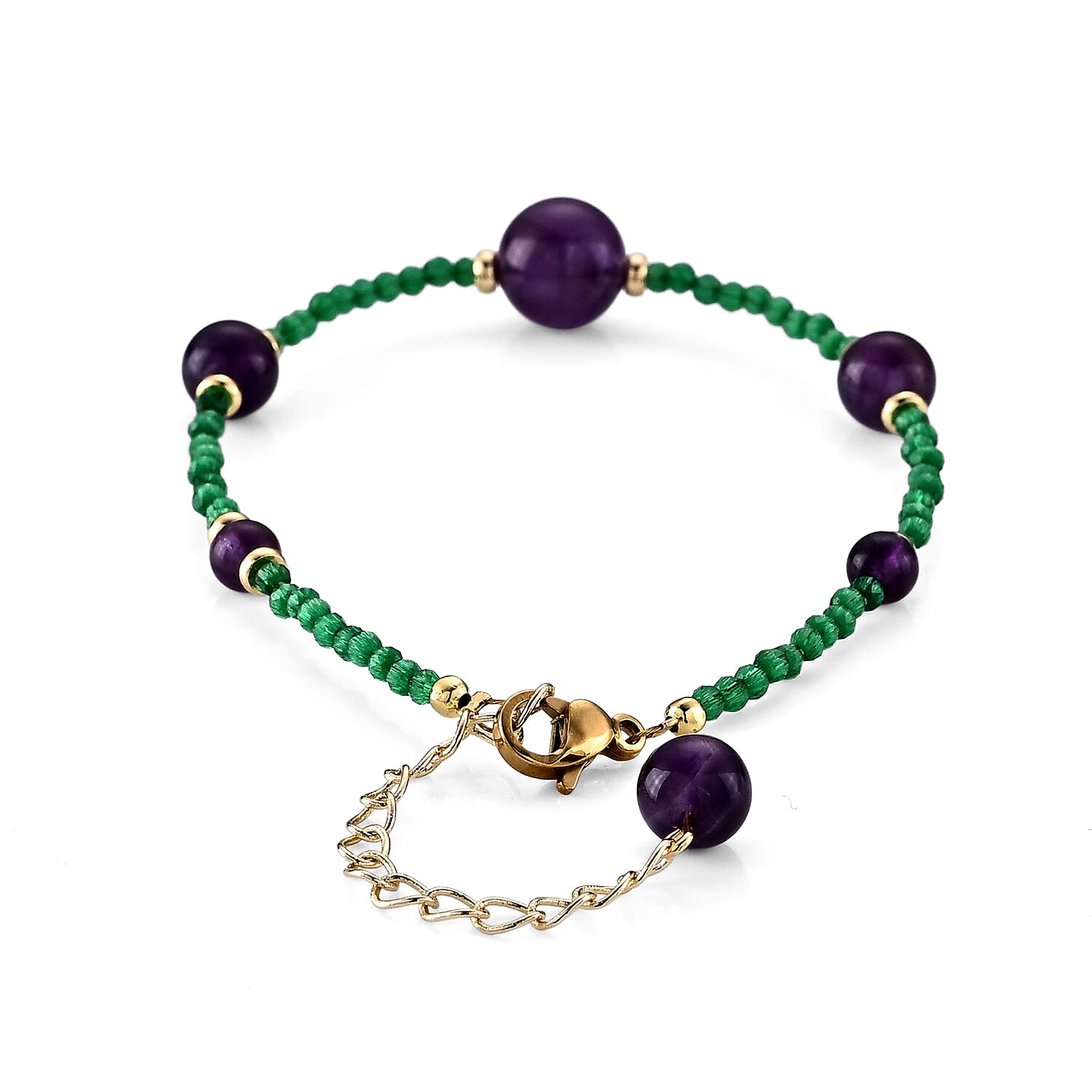 Lab Created Green Cat's Eye and African Amethyst 15.00 ctw Bracelet in Goldtone and ION Plated YG Stainless Steel (6.50-8.50In)