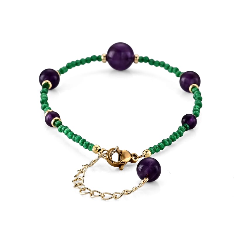 Lab Created Green Cat's Eye and African Amethyst 15.00 ctw Bracelet in Goldtone and ION Plated YG Stainless Steel (6.50-8.50In)