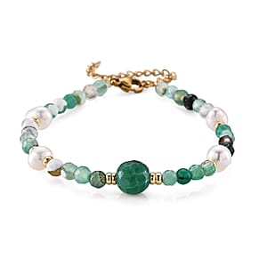 Fire Agate 10.00 ctw and Freshwater Pearl Bracelet in Goldtone and ION Plated YG Stainless Steel (6.50-8.50In)