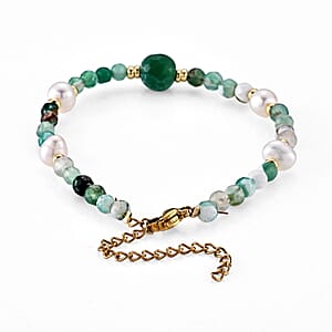 Fire Agate 10.00 ctw and Freshwater Pearl Bracelet in Goldtone and ION Plated YG Stainless Steel (6.50-8.50In)