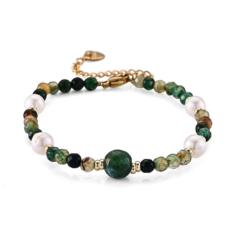 Fire Agate 10.00 ctw and Freshwater Pearl Bracelet (6.50-8.50In)