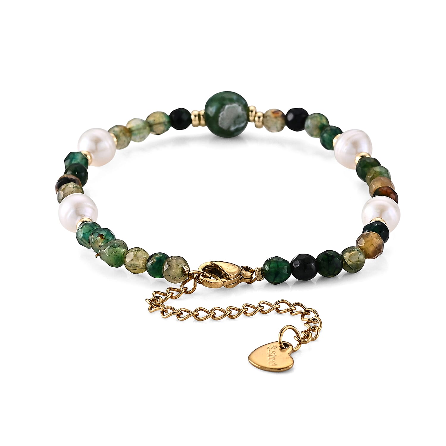 Fire Agate 10.00 ctw and Freshwater Pearl Bracelet (6.50-8.50In)