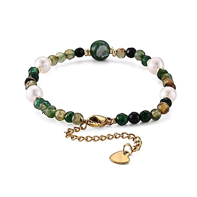 Fire Agate 10.00 ctw and Freshwater Pearl Bracelet (6.50-8.50In)