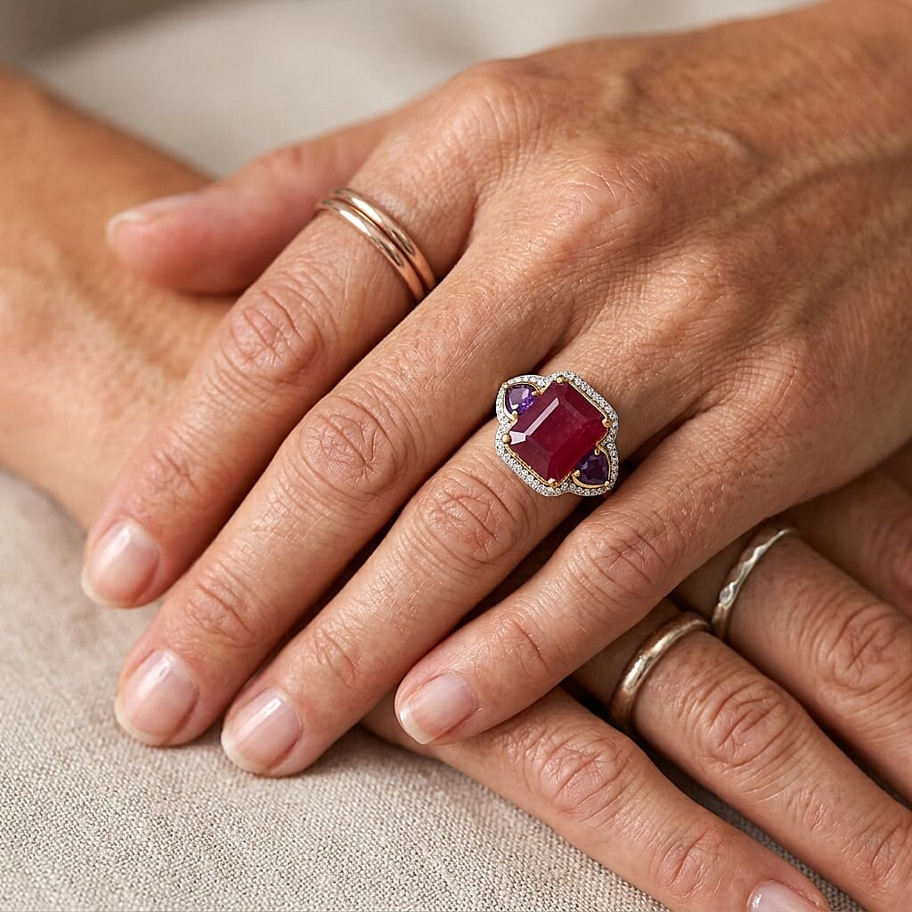 D'Joy Premium Niassa Ruby (FF) and Multi Gemstone 9.00 ctw Ring in 18K Vermeil Yellow Gold Over Sterling Silver (Size 7.0)