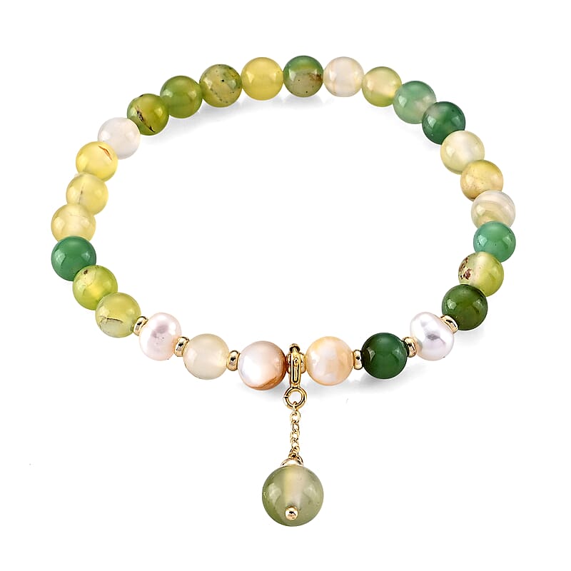 Green Agate 40.00 ctw and Freshwater Pearl Bracelet in Goldtone (6.25-6.75In)