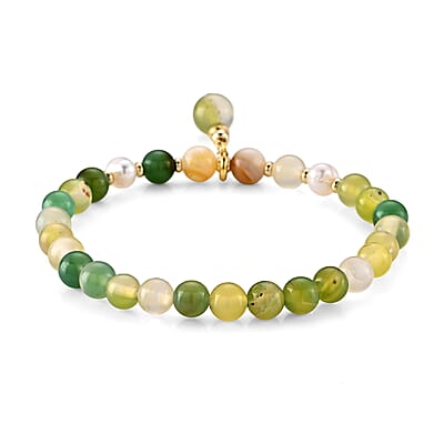 Green Agate 40.00 ctw and Freshwater Pearl Bracelet in Goldtone (6.25-6.75In)