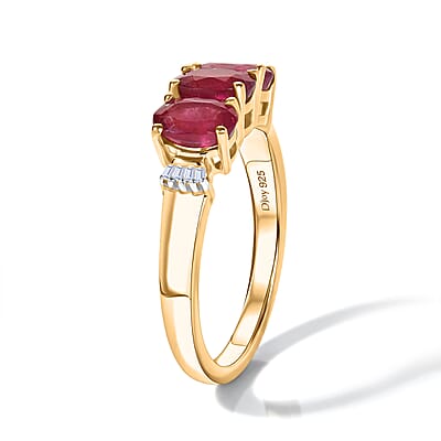 D'Joy Premium Niassa Ruby (FF) and Diamond 2.20 ctw Trinity Glow Ring in 18K Vermeil YG Over Sterling Silver (Size 5.0)