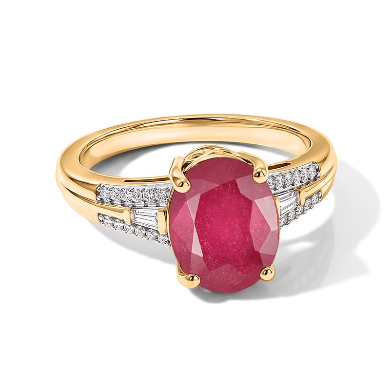 D'Joy Premium Niassa Ruby (FF) and Moissanite 4.00 ctw Passion Solitaire Ring in 18K Vermeil YG Over Sterling Silver (Size 5.0)