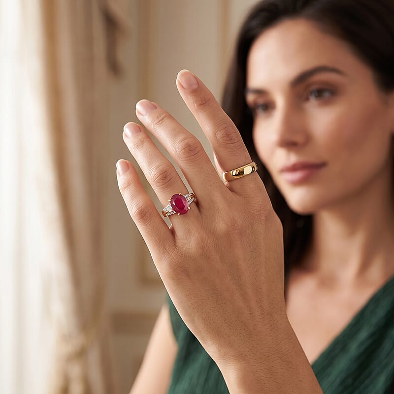 D'Joy Premium Niassa Ruby (FF) and Moissanite 4.00 ctw Passion Solitaire Ring in 18K Vermeil YG Over Sterling Silver (Size 5.0)