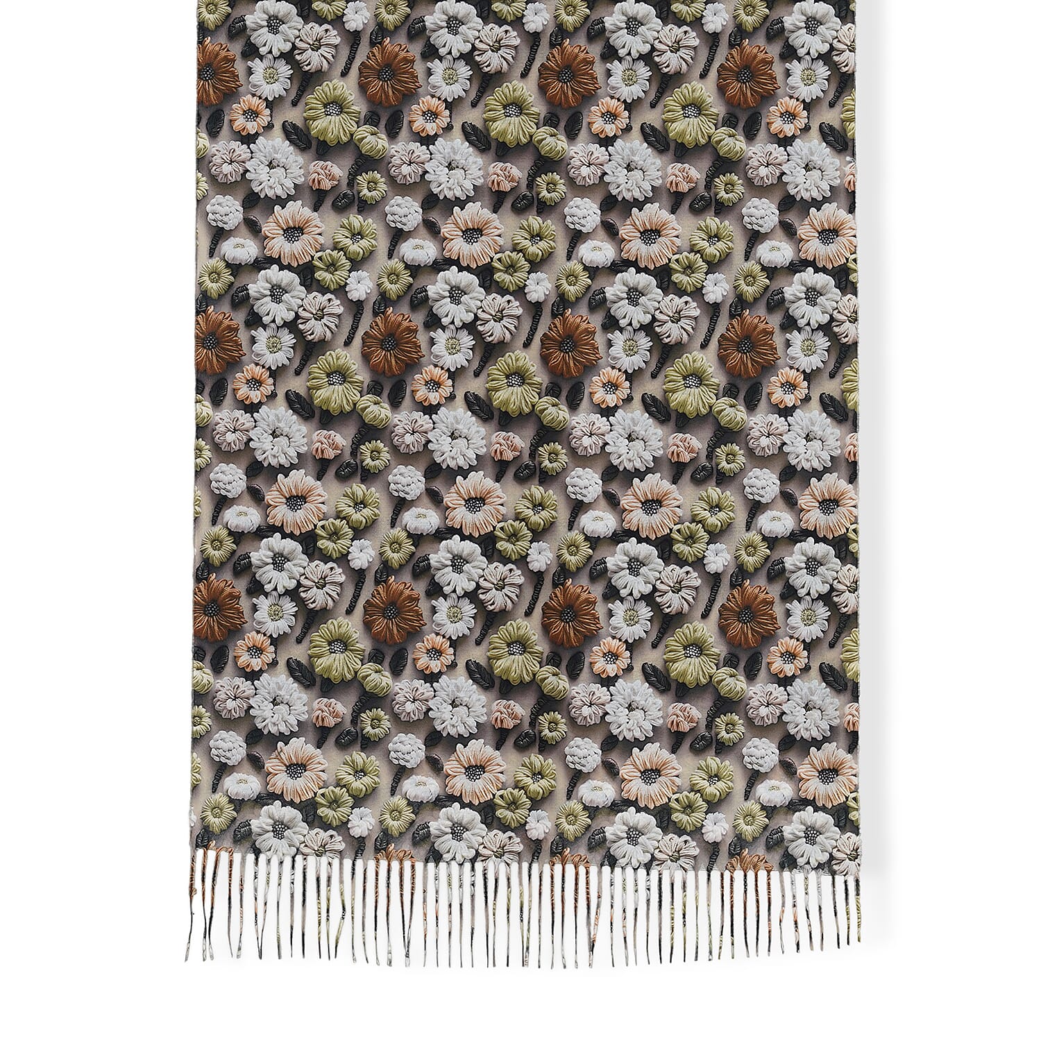 La Marey Rust Sage with Multi Both Side Floral Printed Pattern Scarf with Fringe