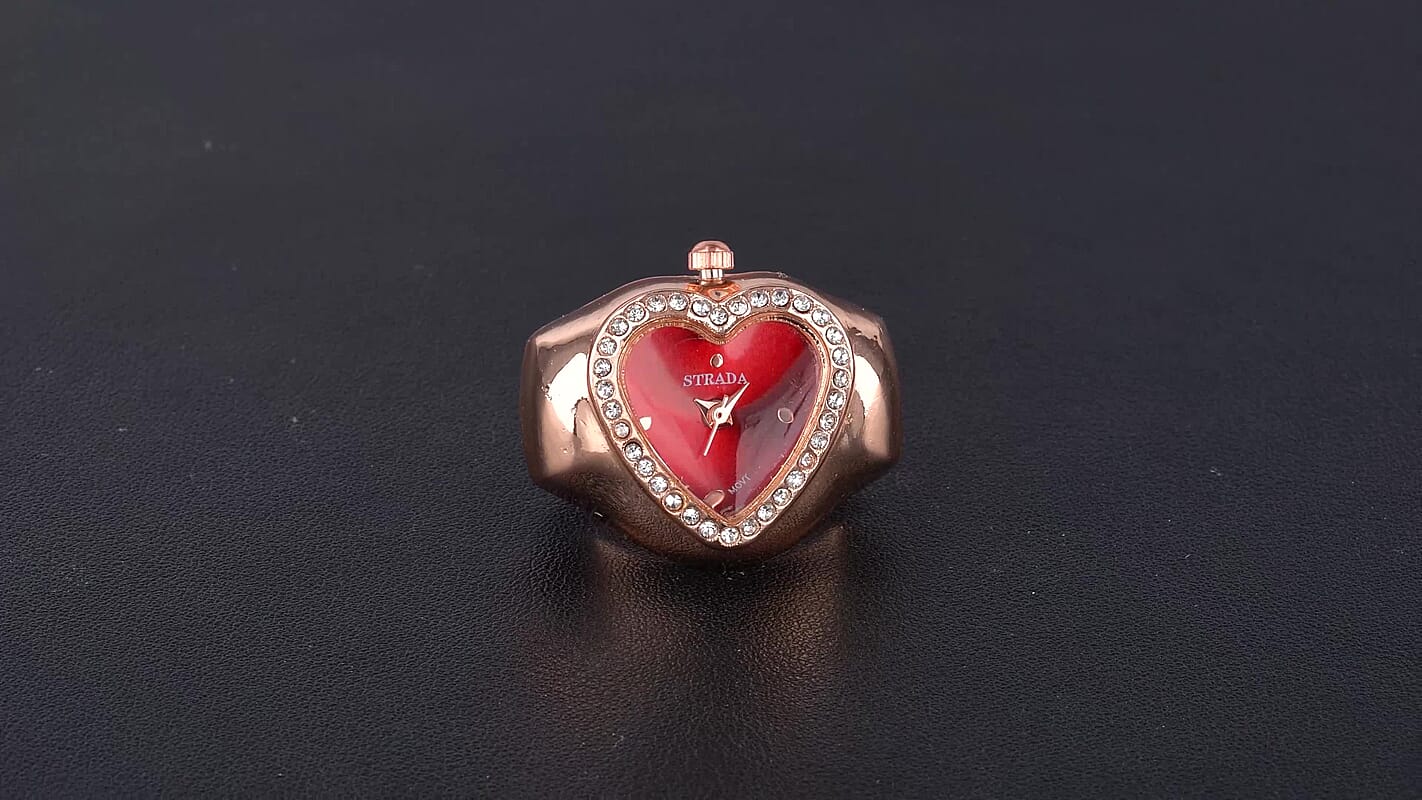 Strada Austrian Crystal Red Dial Heart Ring Watch in ION Plated RG Stainless Steel (Size 5-7)