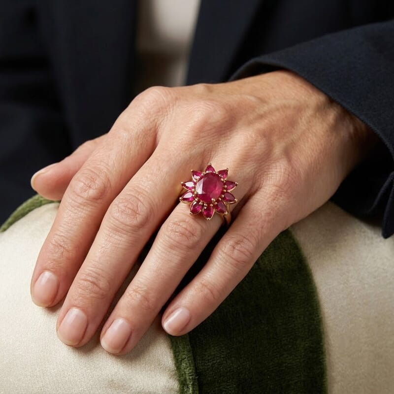 D'Joy Premium Niassa Ruby (FF) 6.00 ctw Flame Bloom Ring in 18K Vermeil YG Over Sterling Silver (Size 7.0)