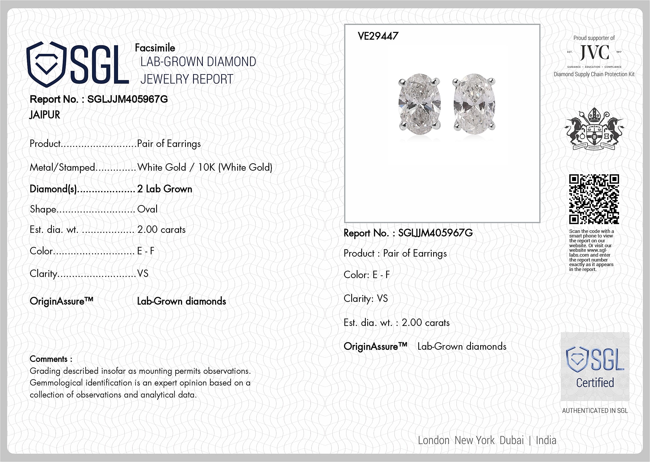 SGL Certified Luxuriant Lab Grown Diamond E-F VS 2.00 ctw Solitaire Stud Earrings in 10K White Gold