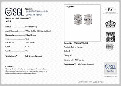 SGL Certified Luxuriant Lab Grown Diamond E-F VS 2.00 ctw Solitaire Stud Earrings in 10K White Gold