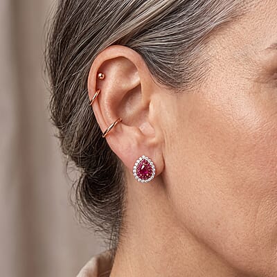 D'Joy Premium Niassa Ruby (FF) and Multi Gemstone 2.10 ctw Glow Bloom Stud Earrings in 18K Vermeil RG Over Sterling Silver