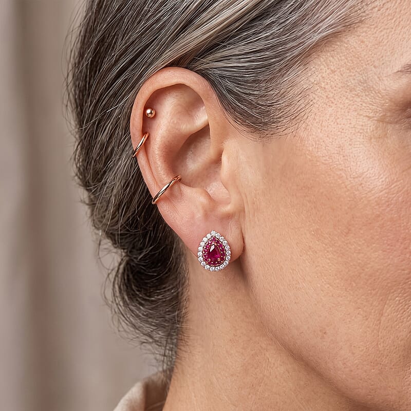 D'Joy Premium Niassa Ruby (FF) and Multi Gemstone 2.10 ctw Glow Bloom Stud Earrings in 18K Vermeil RG Over Sterling Silver